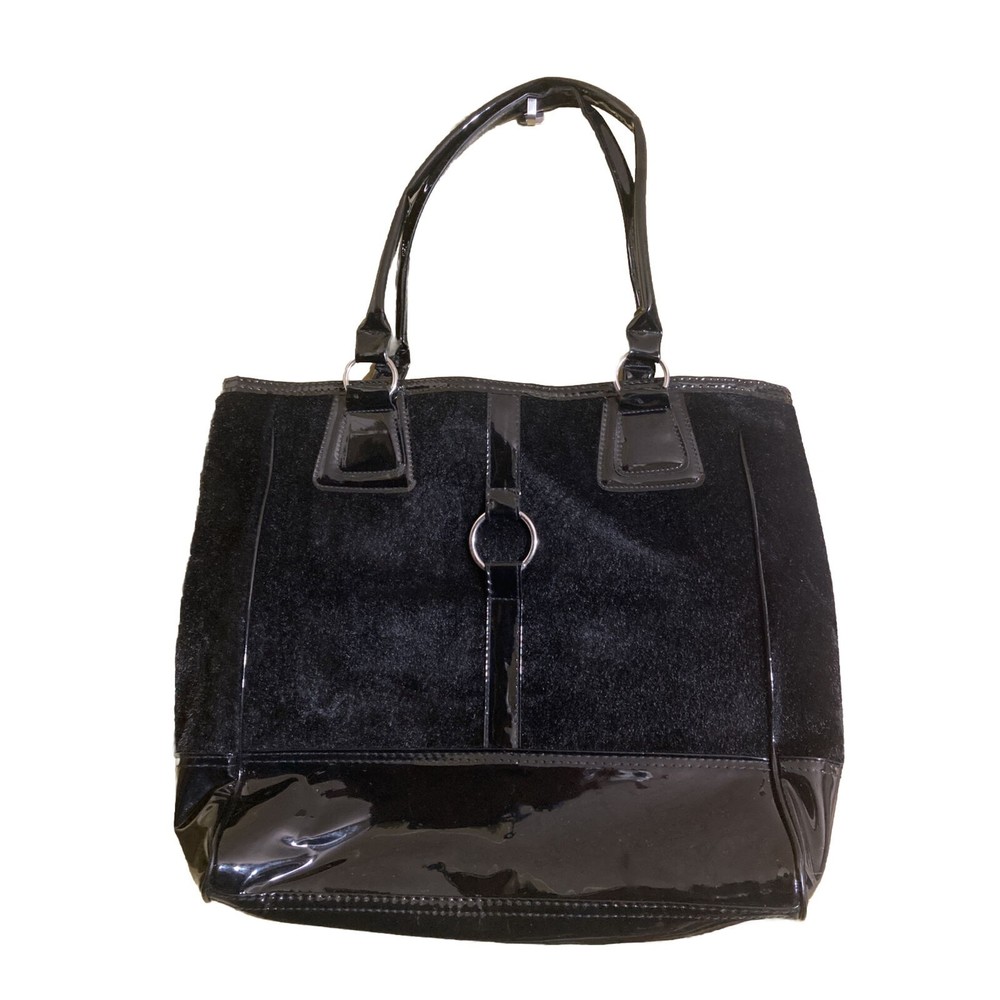 ESSENCE OF BEAUTY tote handbag laptop large purse black faux fur 18 x 14